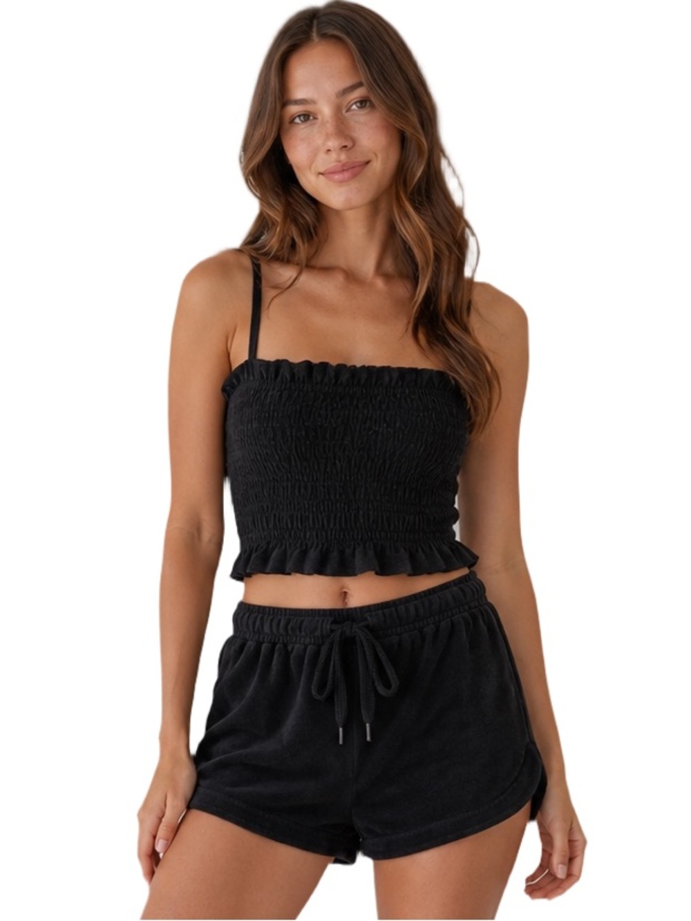 Ocean Drive Black Smocked Tank Top And Short Set